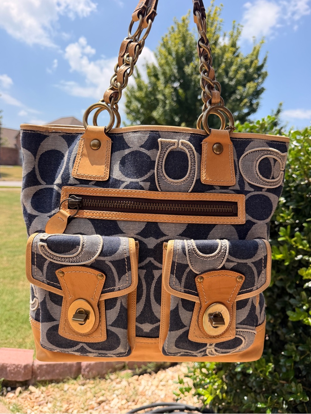 COACH Large 11582 Gigi Cognac 65th Anniversary Blue Denim Signature C Tote